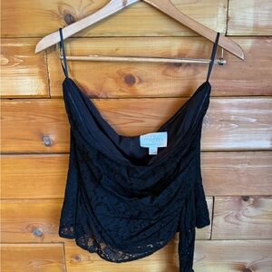 NWT - Anthropologie - black lace crop top, ruched with an accent at the waist